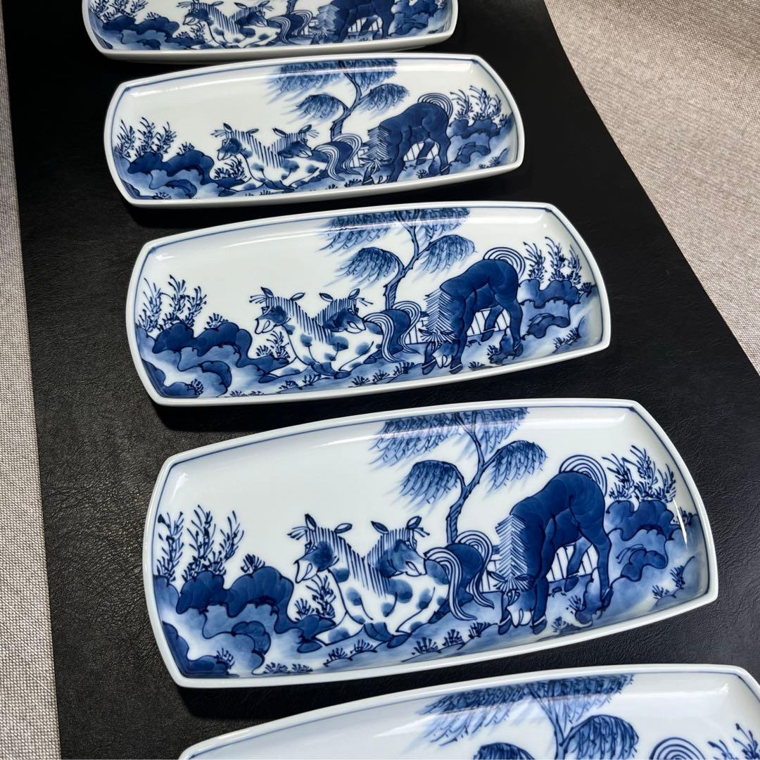 源右衛門　染付馬文　長皿　焼物皿　5枚　長方形　馬