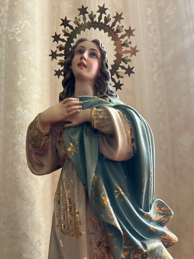 【超超希少美46.5cm】✞無原罪の御宿り 胸に手を当てる聖母マリア像　宗教彫刻