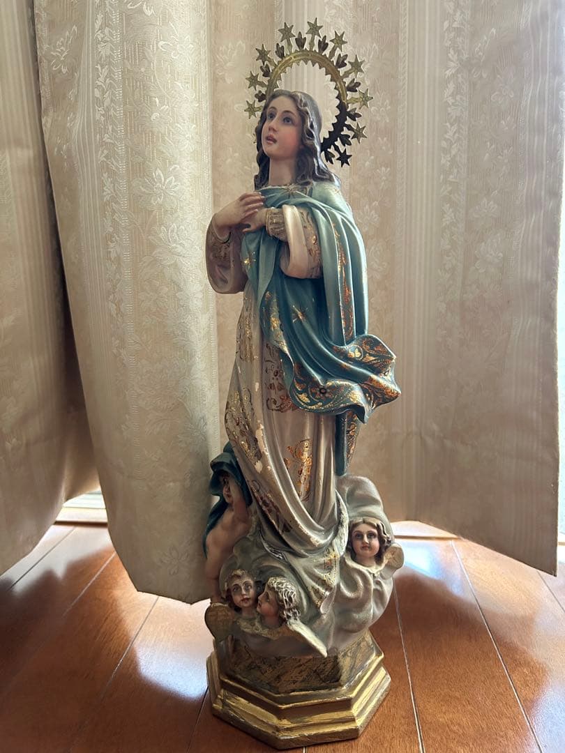 【超超希少美46.5cm】✞無原罪の御宿り 胸に手を当てる聖母マリア像　宗教彫刻