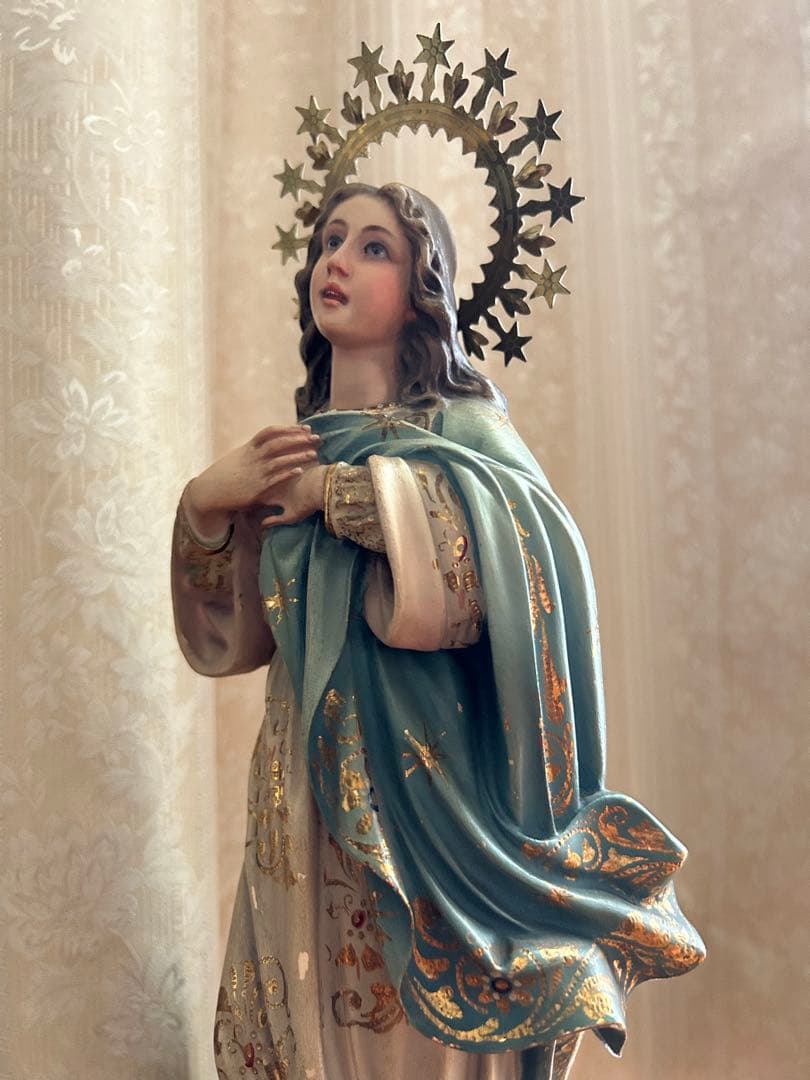 【超超希少美46.5cm】✞無原罪の御宿り 胸に手を当てる聖母マリア像　宗教彫刻