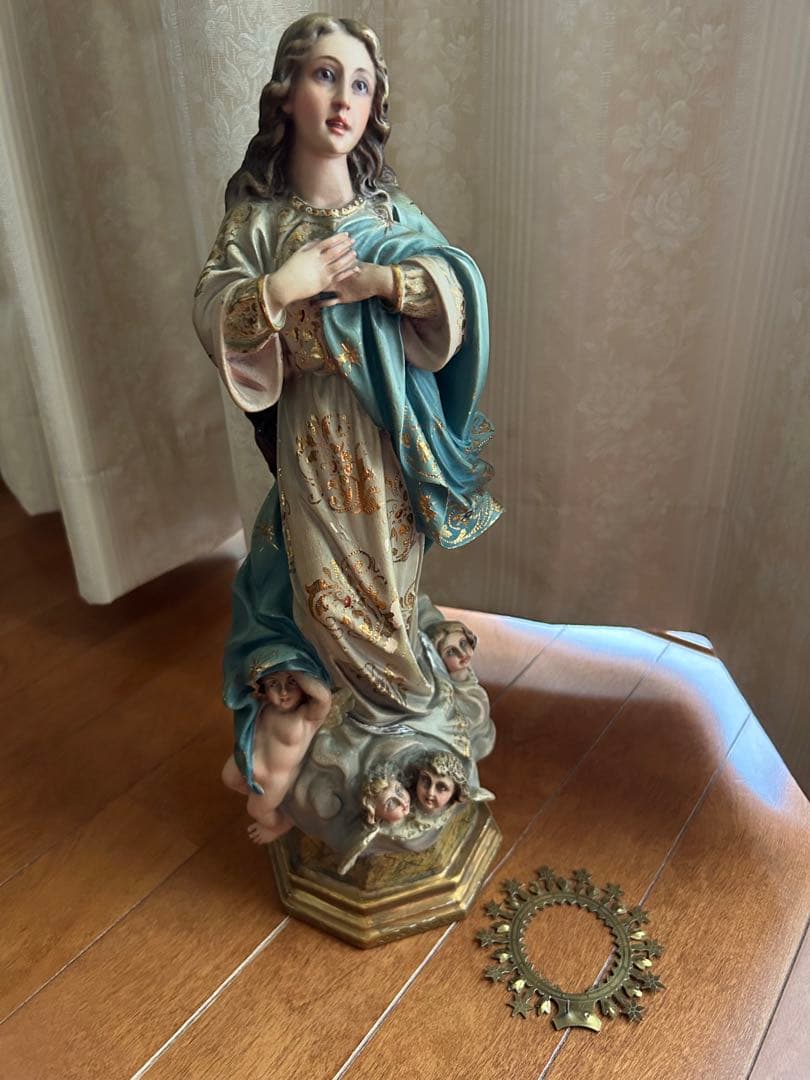 【超超希少美46.5cm】✞無原罪の御宿り 胸に手を当てる聖母マリア像　宗教彫刻