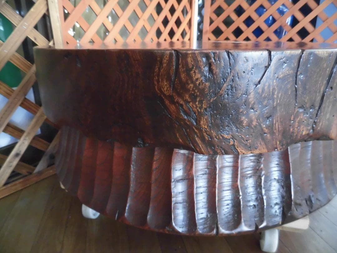 銘木座卓　無垢材　天然木輪切　ローテーブル　漆塗　和家具　送料込価格