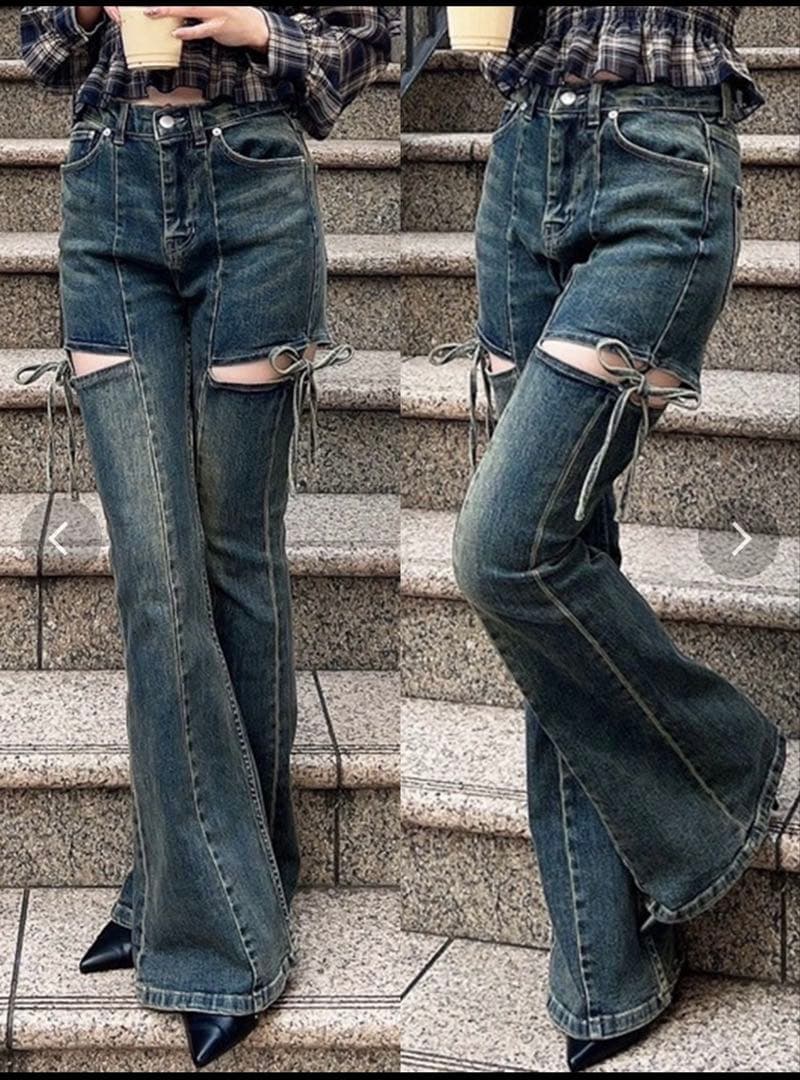 RESEXXY リゼクシー　カットアウトリボンデニムパンツ ブルー Sサイズ