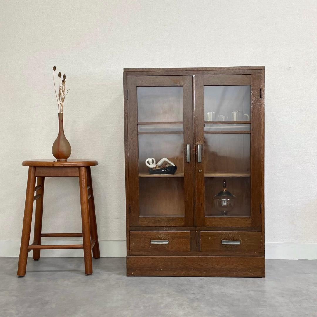 ヴィンテージ 木製 本棚 ガラスキャビネット 食器棚 古家具 収納 ビンテージ