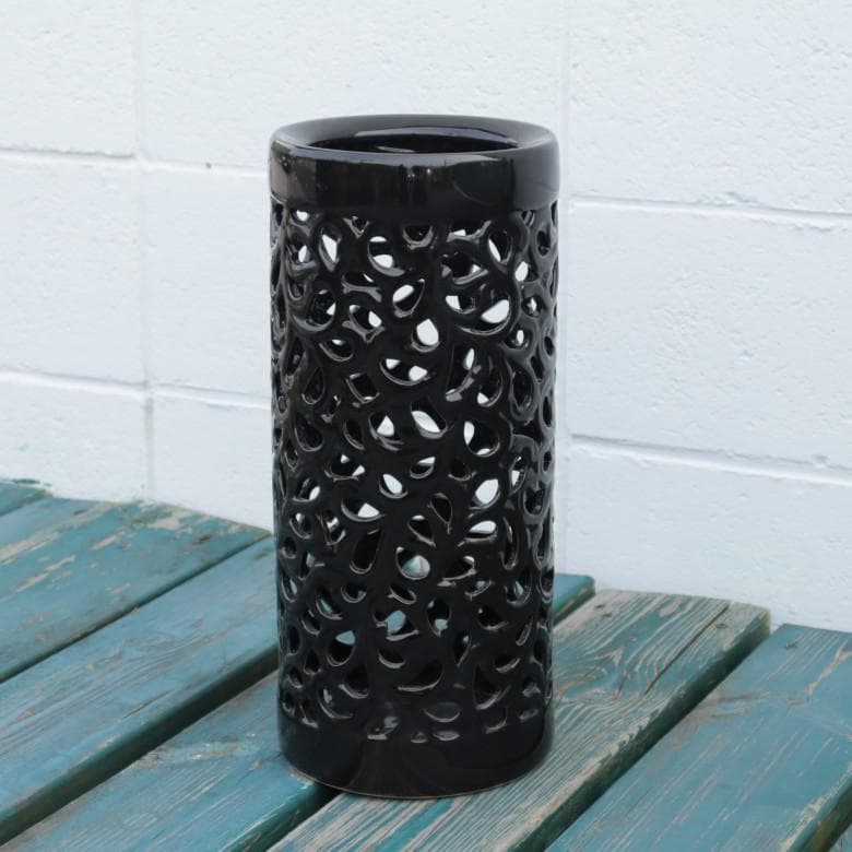 傘立て アンブレラスタンド 陶器製 透かし彫りアート ブラック