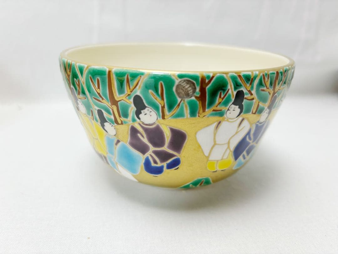 未使用 茶道具 平安御室窯 金彩 毛毬の森絵 茶碗 陶印 共布 共箱 二重箱
