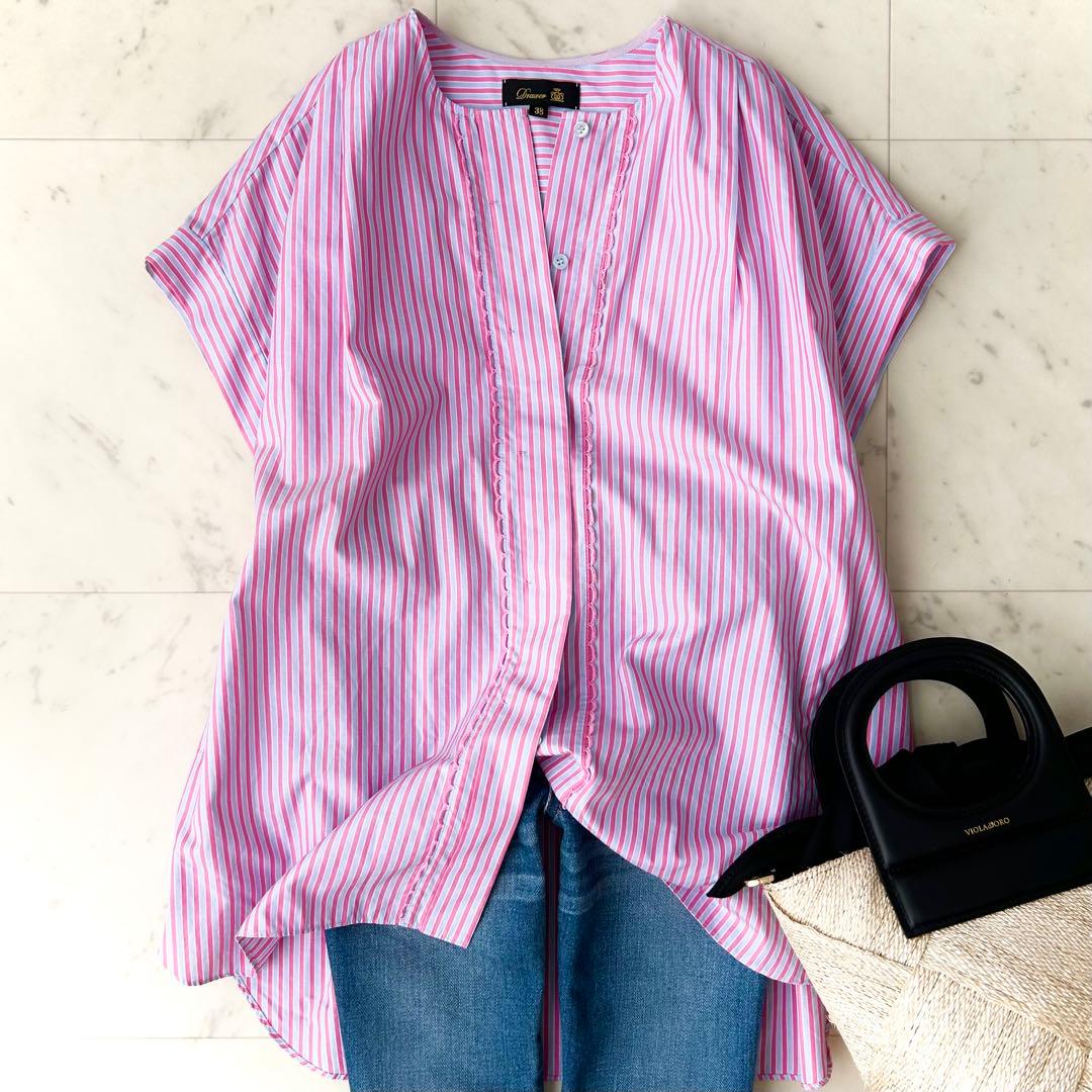 極美品 ドゥロワー Drawer コットンストライプフロントレースブラウス