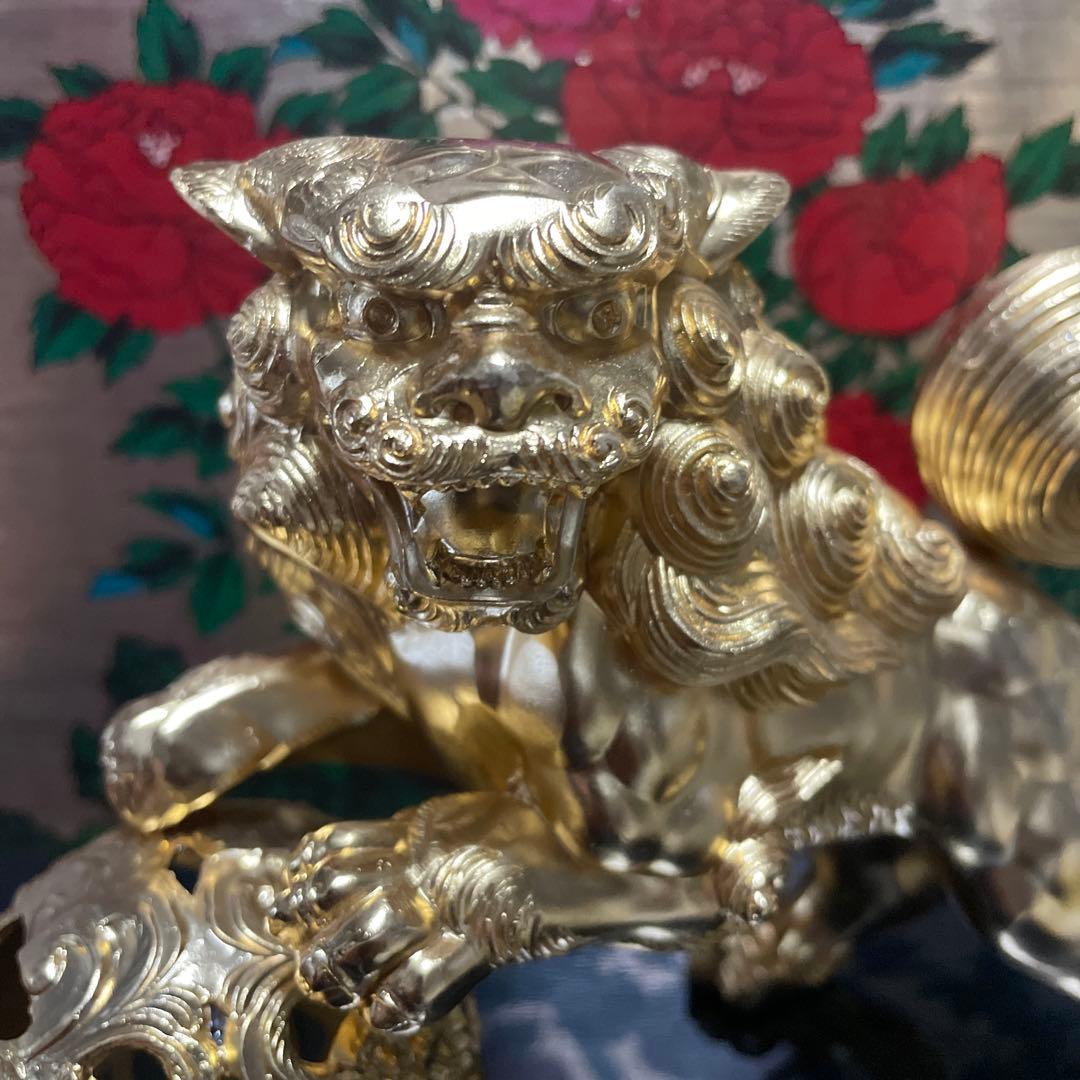 【引取限定】玉獅子　玉乗獅子　置物　縁起物　木製プレート付き