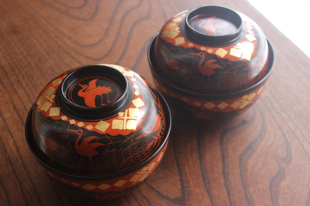 デッドストック！上質黒漆に極上秀衡蒔絵の映えるお椀2点（検山中塗