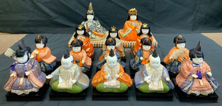 木目込み人形　15人揃い 25号 紺地 金彩 金花