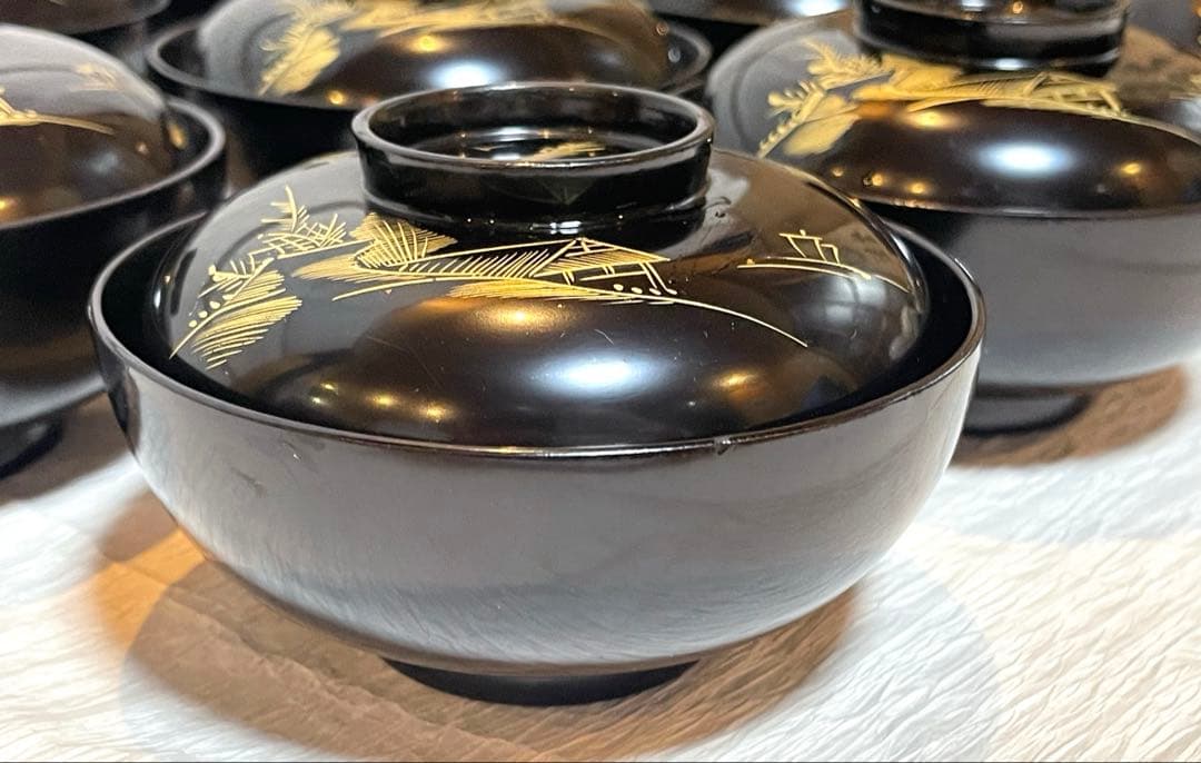 木製漆器 吸物椀 金蒔絵 骨董 時代物 アンティーク　１０客151