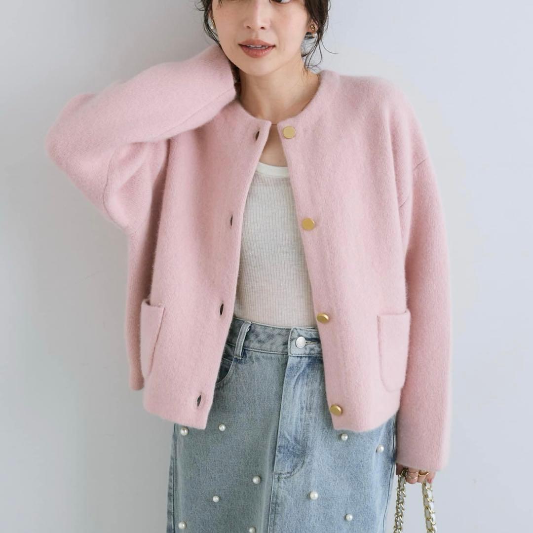 ラブティックボンボン　ハイクオリティヘアリーウールニットジャケット　ピンク