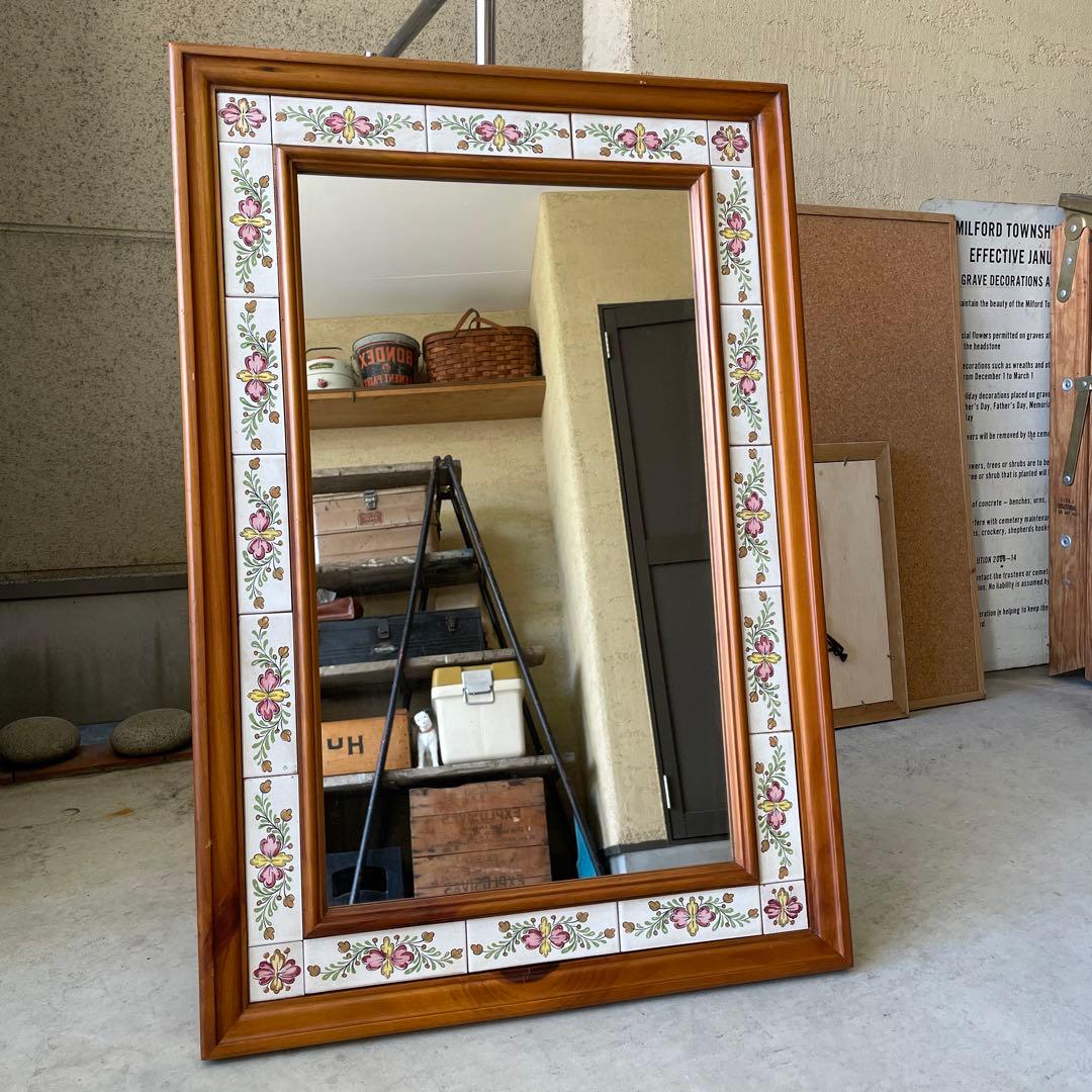 ヴィンテージ タイル張り ウッドミラー 壁掛け 鏡 姿見 パイン材 バレンシア