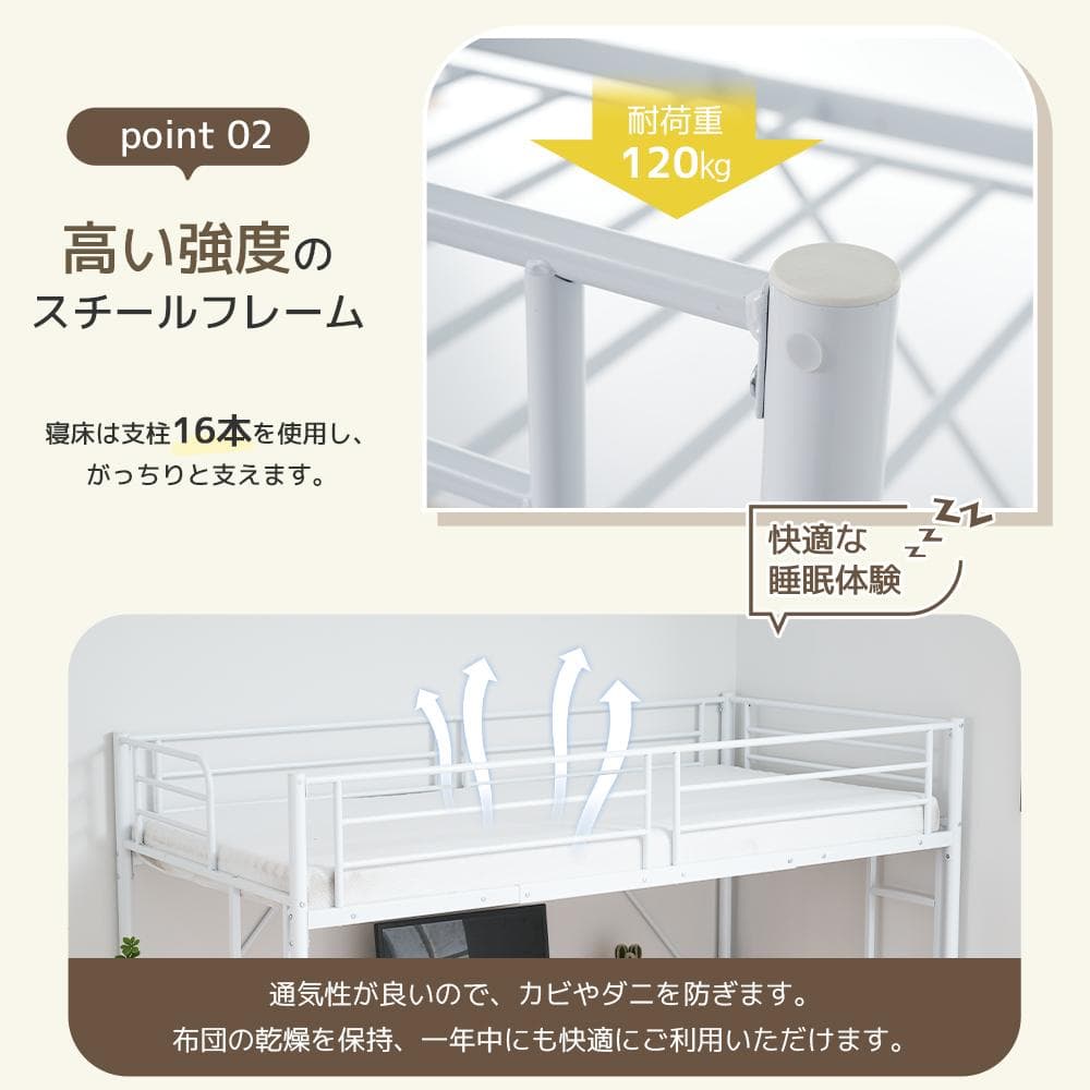 デスク・ラック棚付きシステムベット ロフトベッド シングル（S）　BLACK