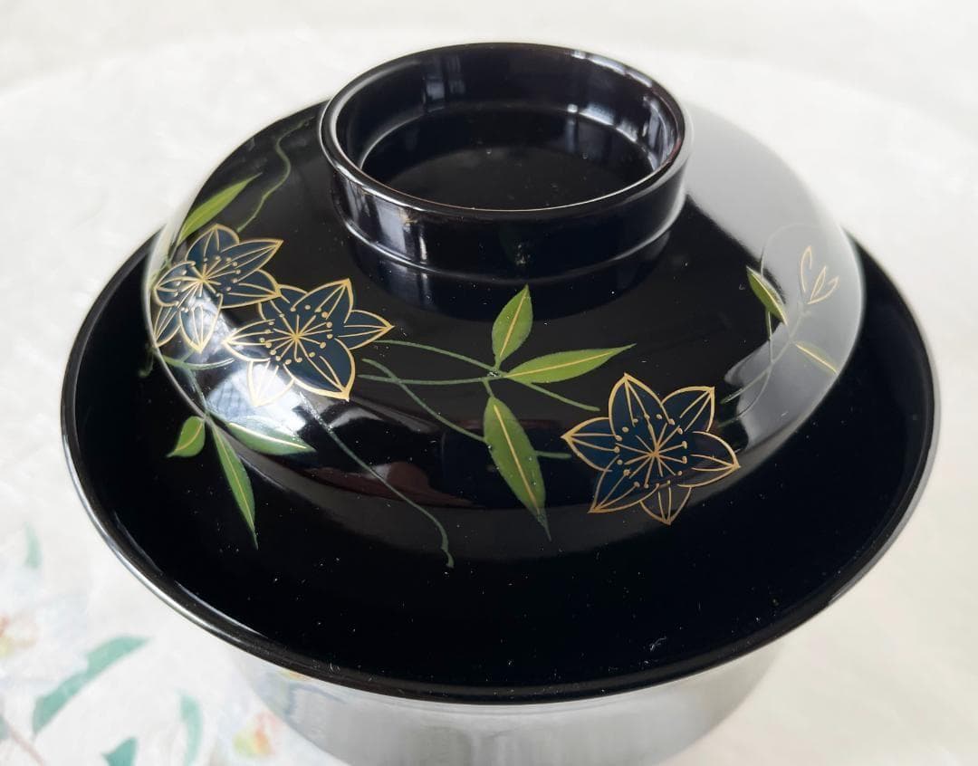 吸物椀 色絵鉄線蒔絵 天龍寺椀 黒塗 漆塗 5客 在庫整理 雑煮椀 おせち