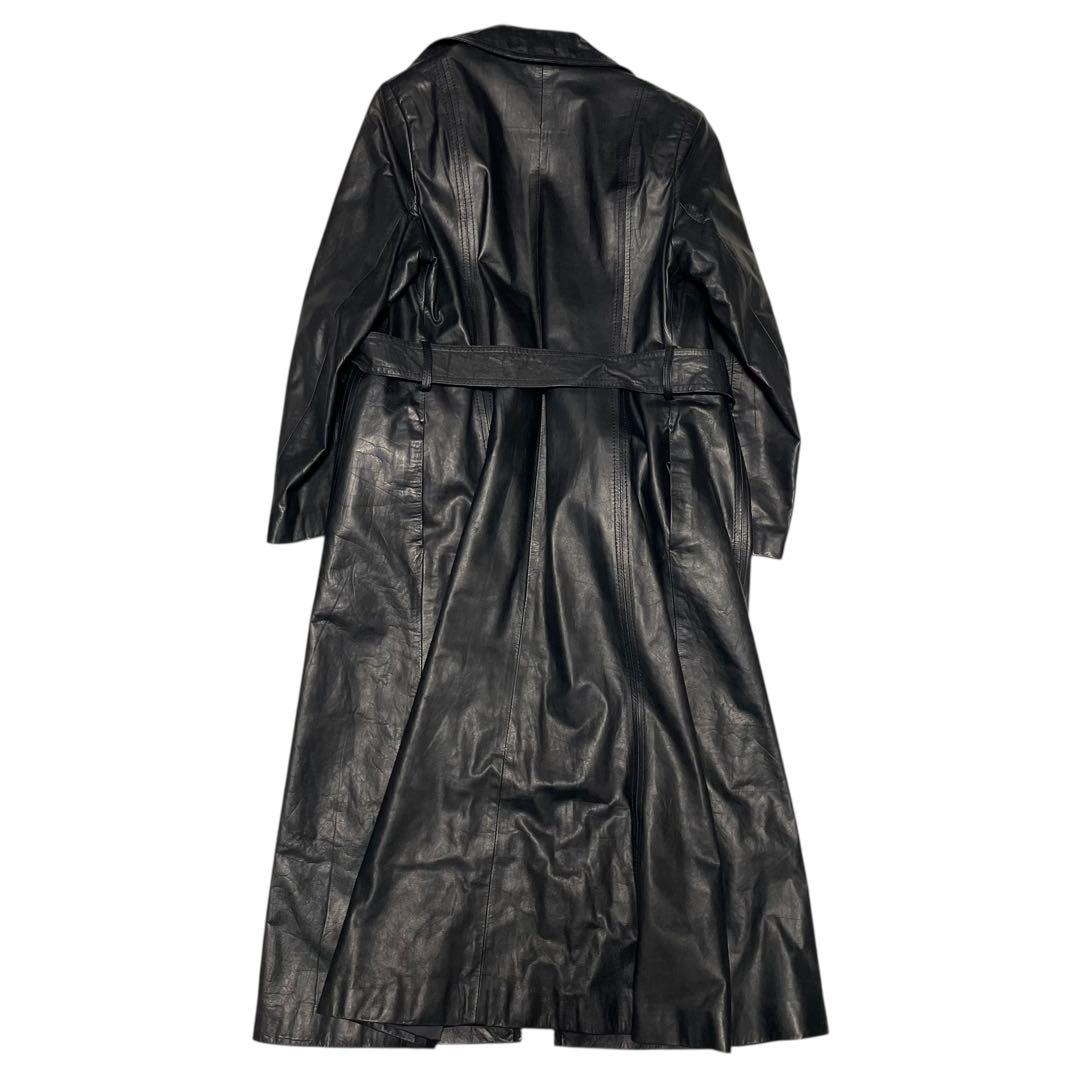【vintage】本革 マキシ丈リアルレザーガウンコート ロング ベルト 黒 L