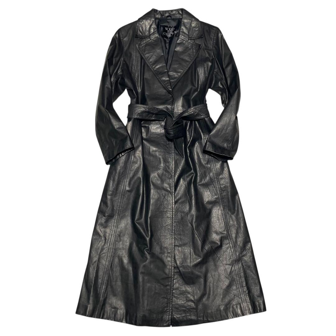 【vintage】本革 マキシ丈リアルレザーガウンコート ロング ベルト 黒 L
