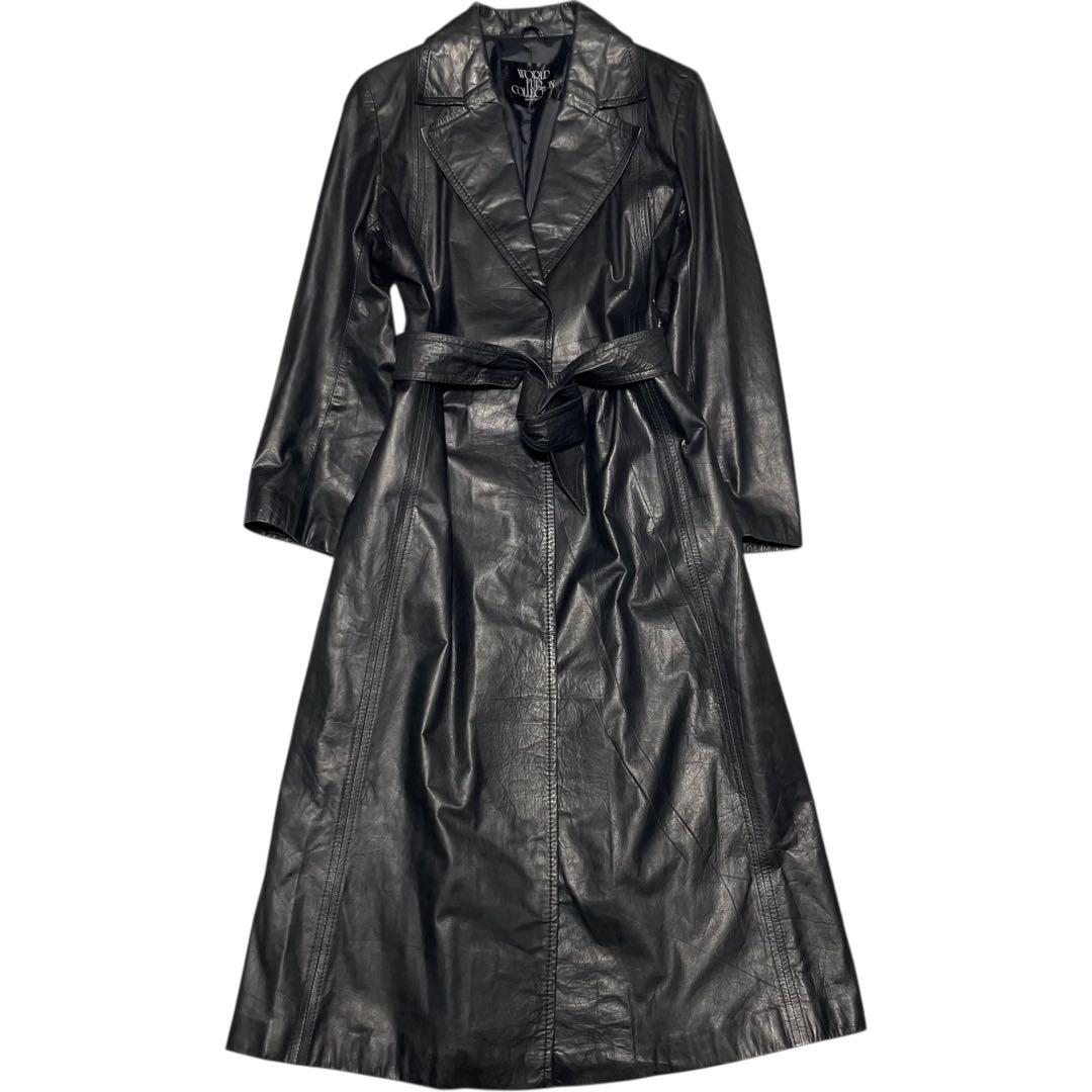 【vintage】本革 マキシ丈リアルレザーガウンコート ロング ベルト 黒 L