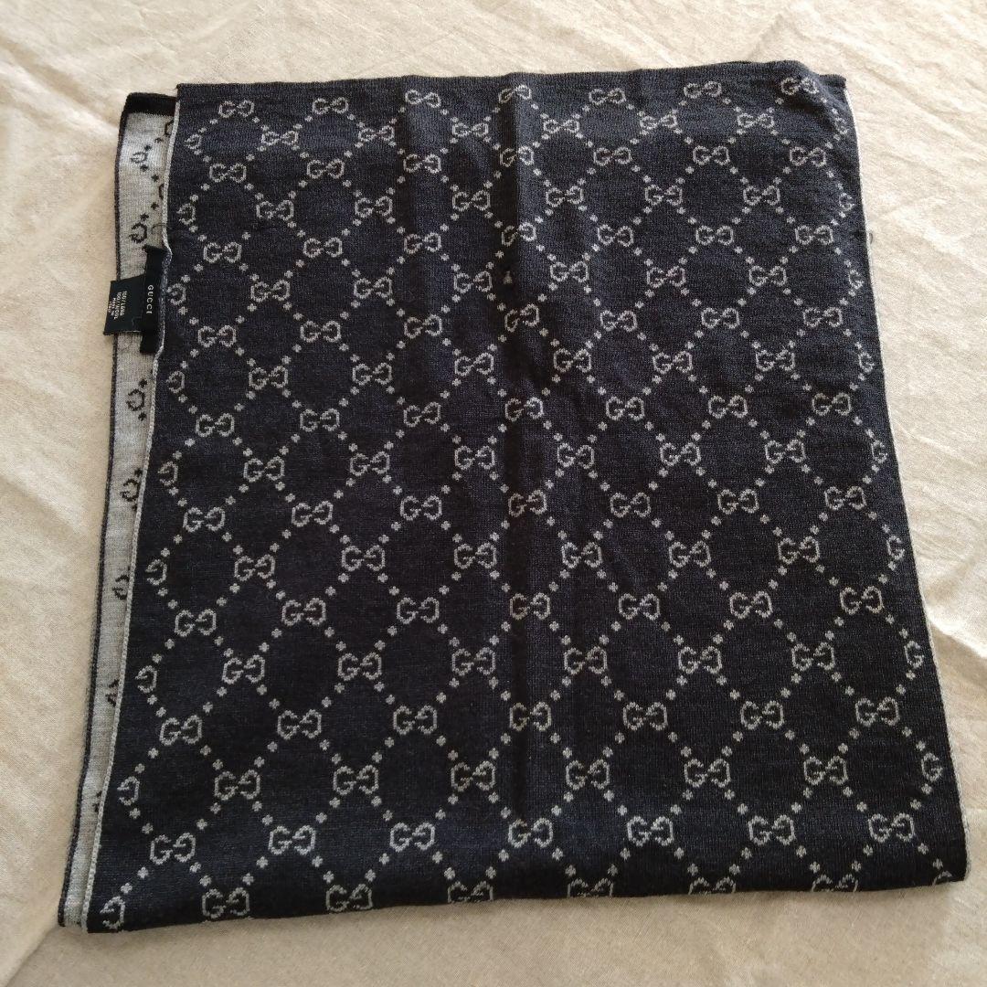 GUCCI ブラック GGパターン マフラー①　ウール100%