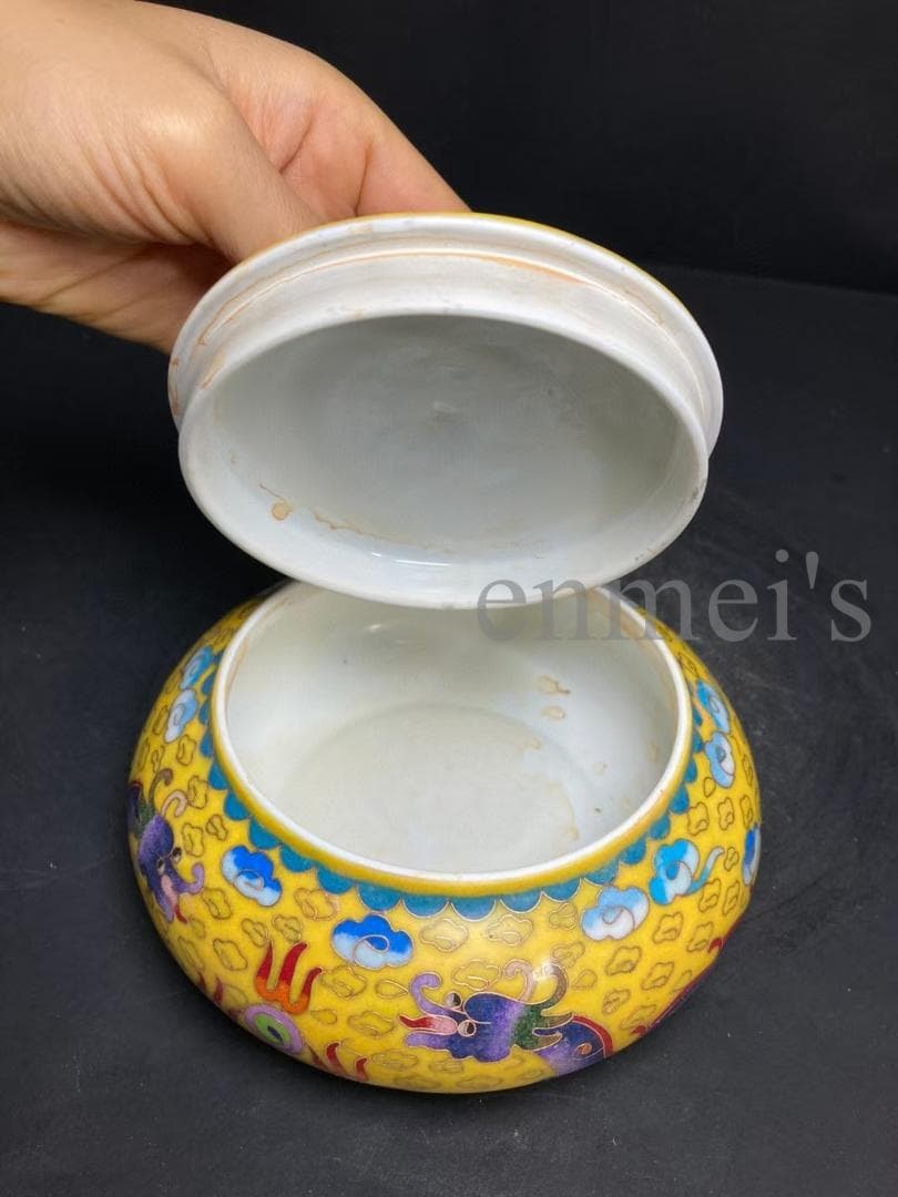中国古美術・大明成化年製款・掐絲琺瑯龍雲文囲碁罐・蓋付飾壺・陶器・文房置物・風水