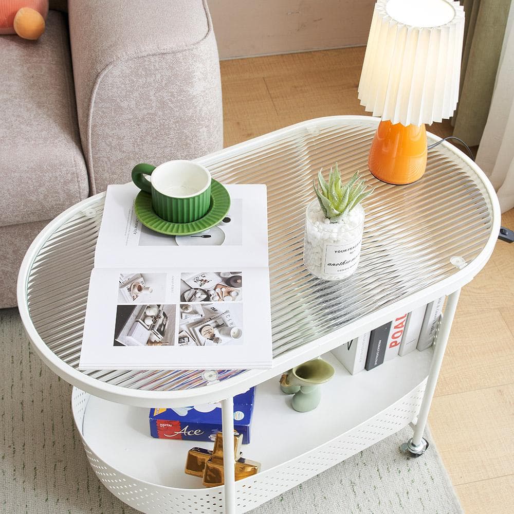 【新作登場】ガラステーブル キャスター付き 収納付き 幅80 【ホワイト】