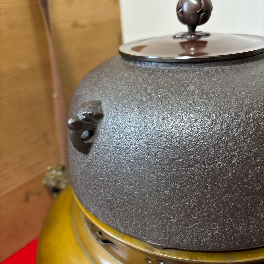 茶道具 釜 茶釜 唐銅 鬼面風炉 丸釜　箱付き