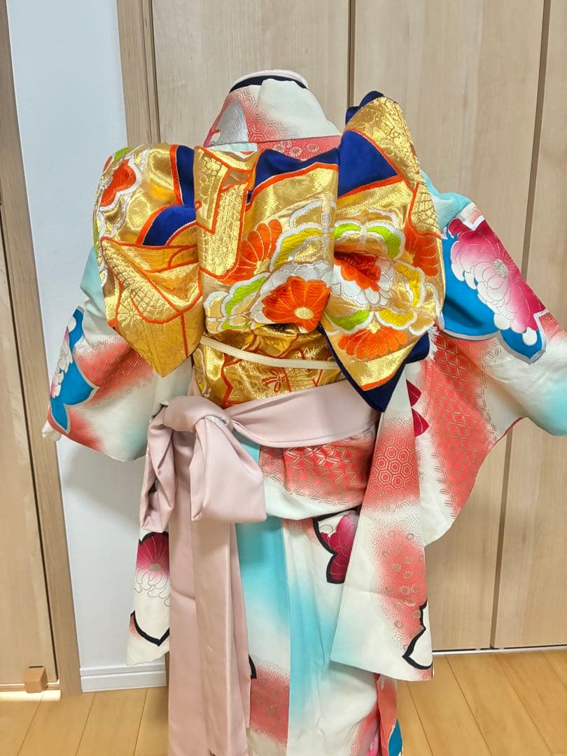 七五三 七歳女の子 着物 水色 ピンク ぼかし 花柄
