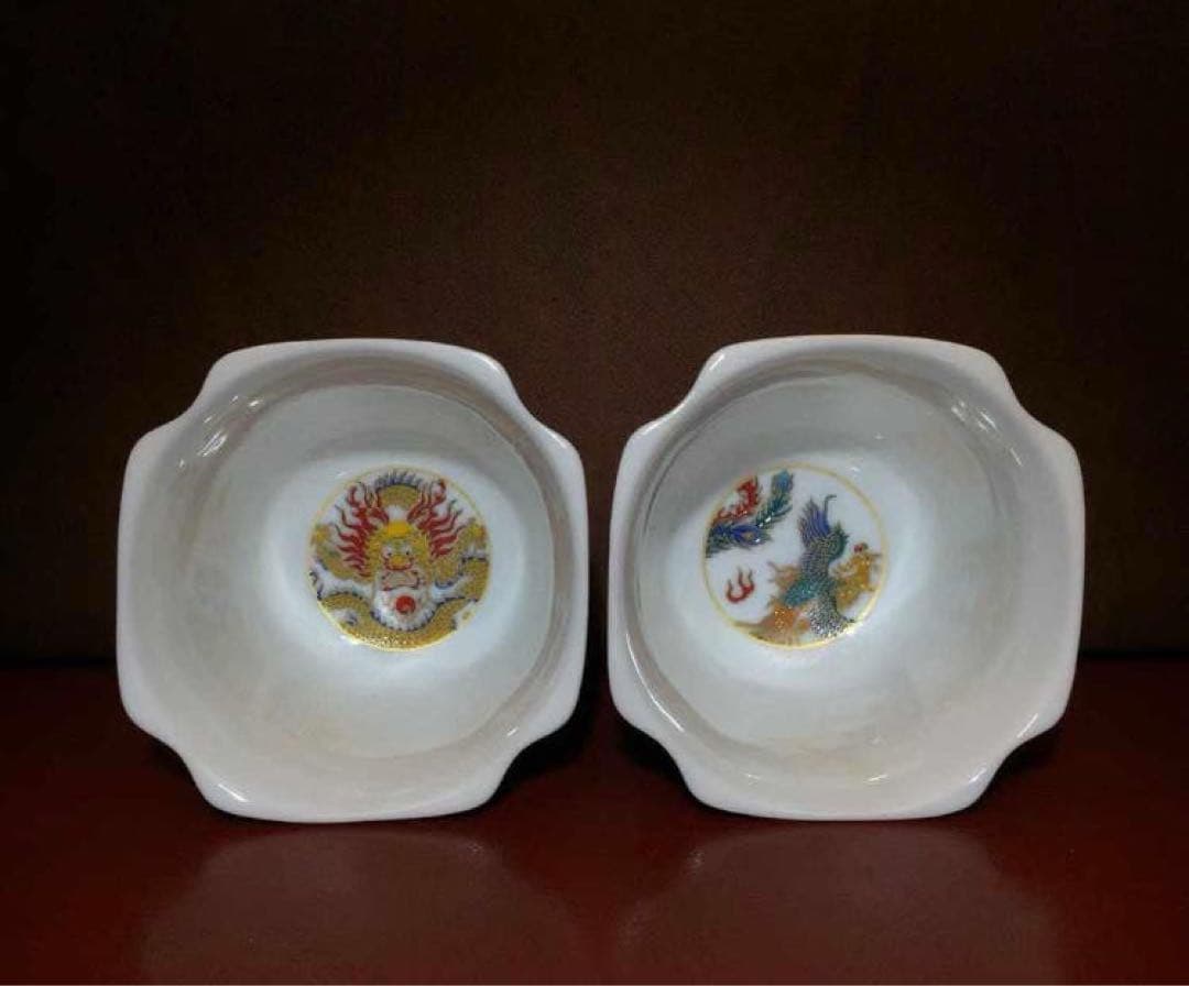 中国古美術骨董品・旧蔵粉彩陶芸　大清乾隆年製龍鳳双碗・五龍盛世・有鳳来儀・極細工