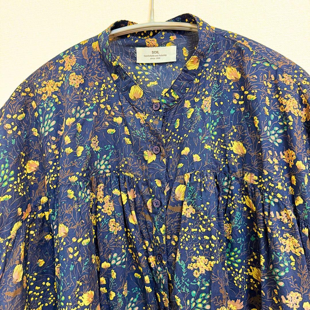 【美品】SOIL ソイル 花柄 フレンチスリーブシャツ 綿100% ネイビー