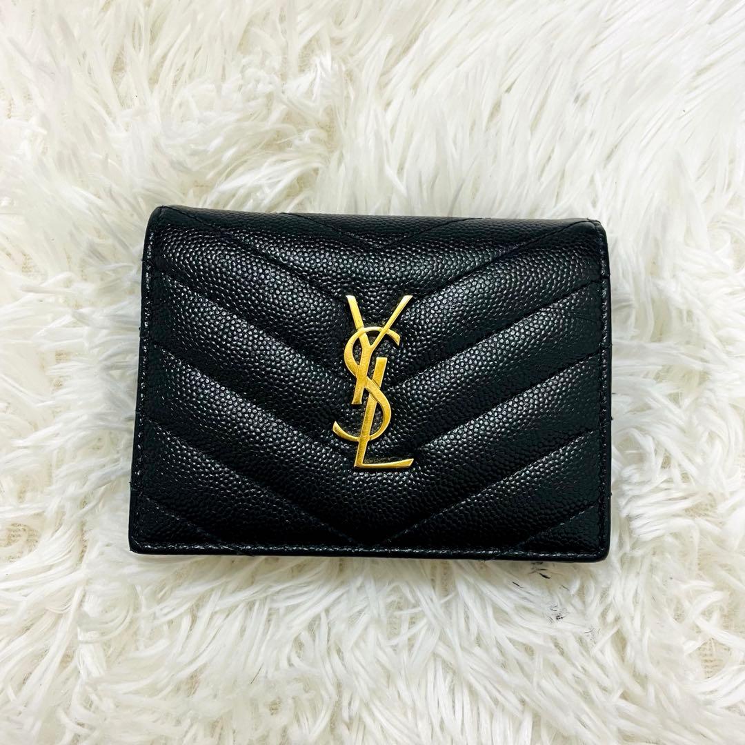 極美✨付属完備✨サンローラン 二つ折り財布 キルティング Vステッチ レザー 黒