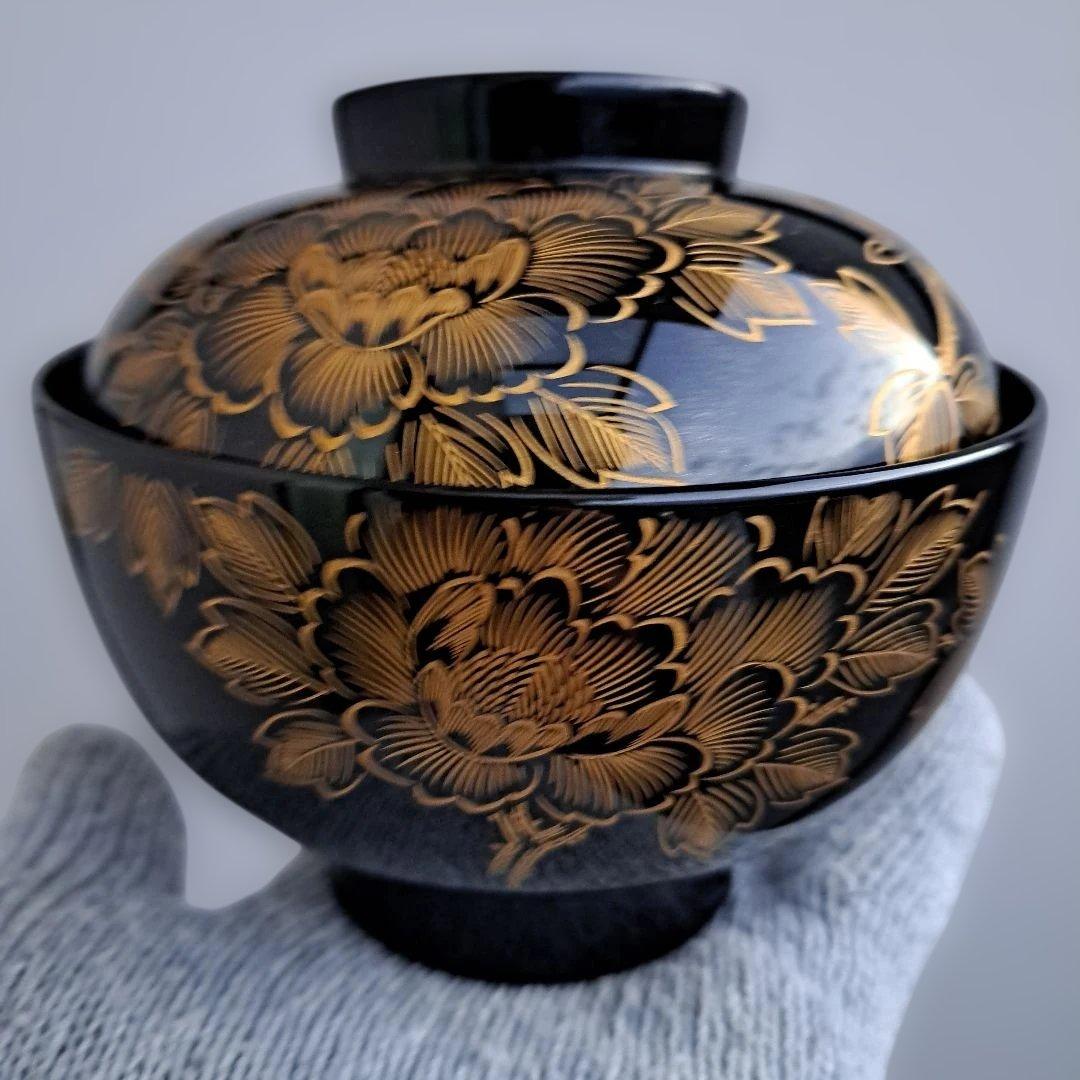 【輪島塗　沈金\"牡丹彫　御吸物椀×5客】布着本堅地　黒塗　未使用品