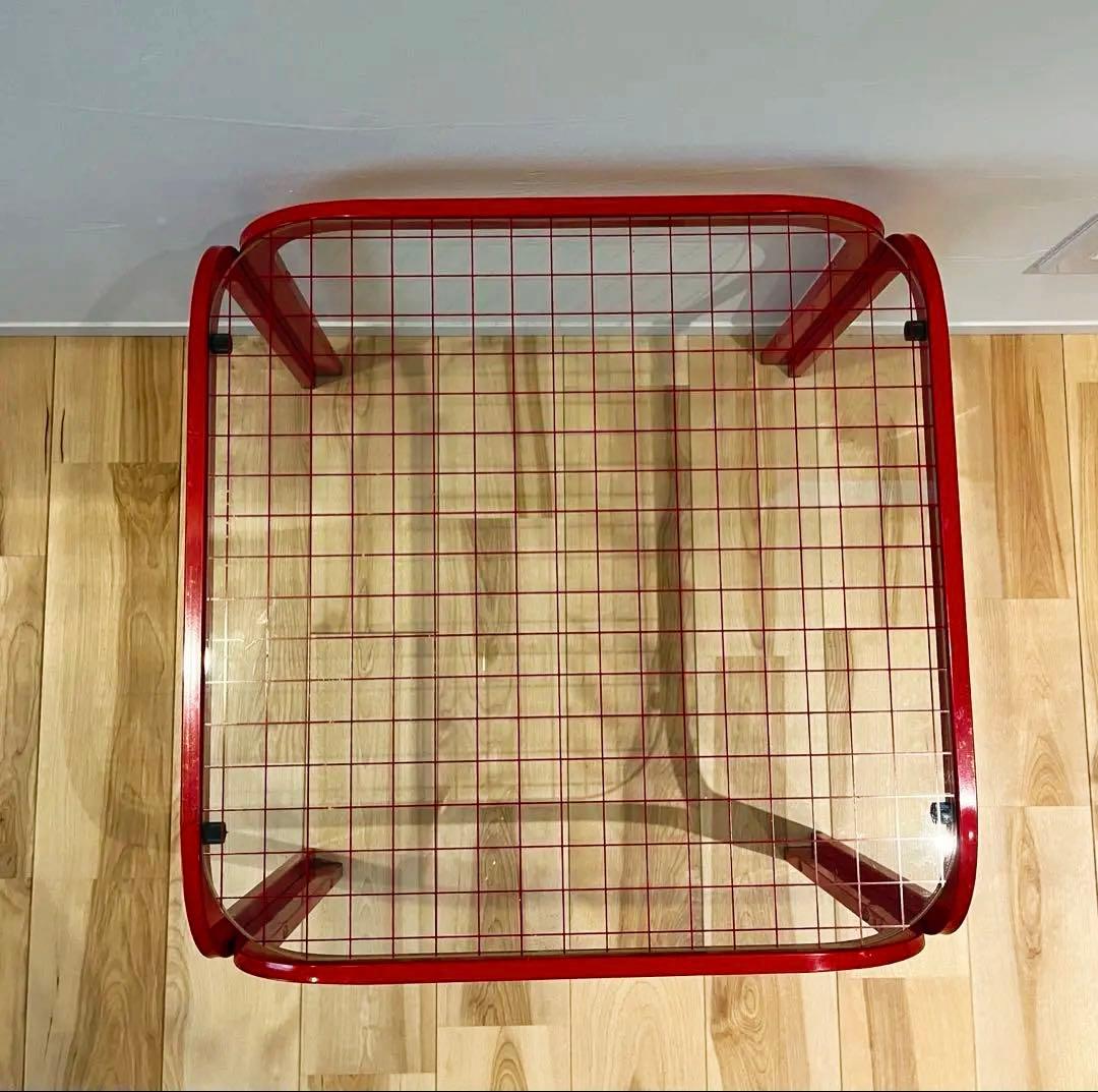 80s レトロポップ　ガラストップ　アイアンテーブルグリッド柄