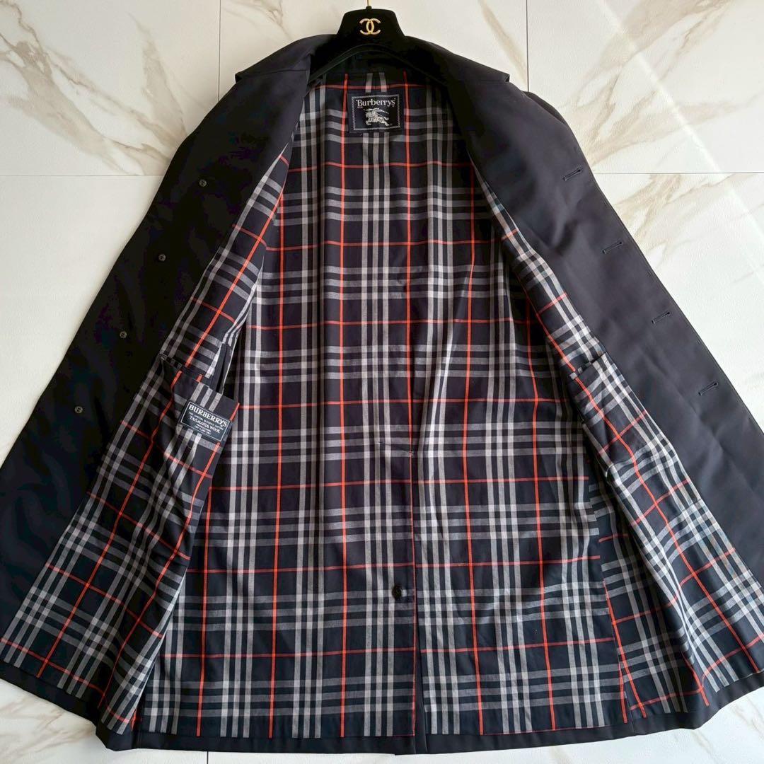 美品◆バーバリー チェック ステンカラー コート 紺色 Lサイズ ロング