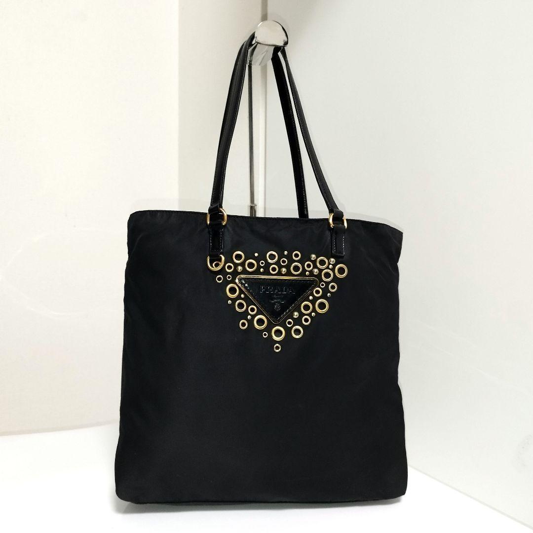 美品☆　プラダ　トートバッグ　ビジュー　レザープレート　肩掛け　ナイロン