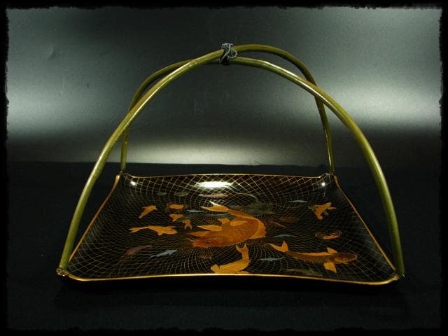 時代物 網魚蒔絵手付盆 菓子器 茶道具 c522