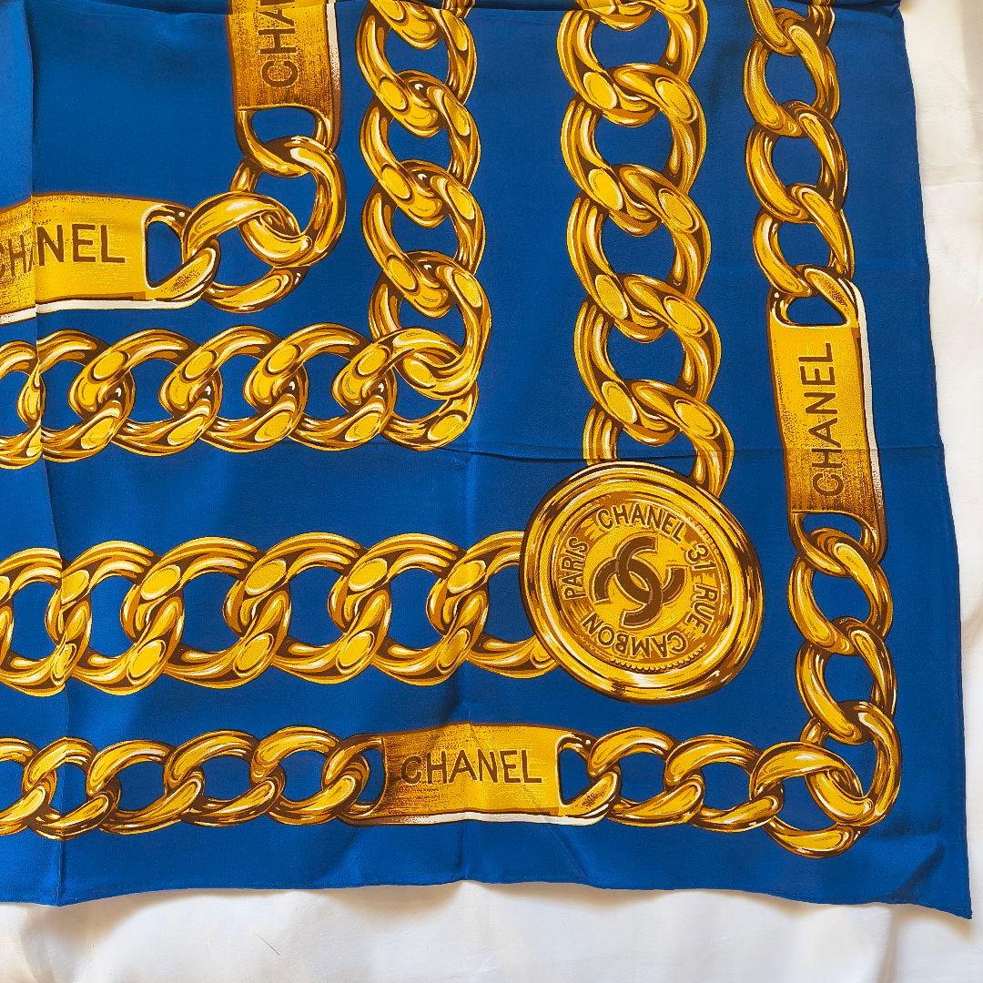 CHANEL チェーンデザイン スカーフ ブルー ヴィンテージ