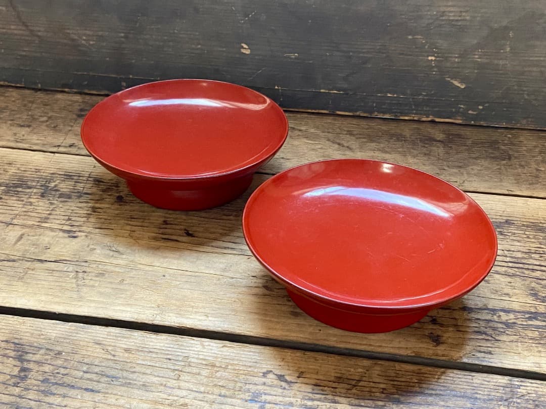 能登蔵出し 輪島塗 朱漆 椿皿 2客セット/ 時代 朱塗 漆器皿 銘々皿 小皿