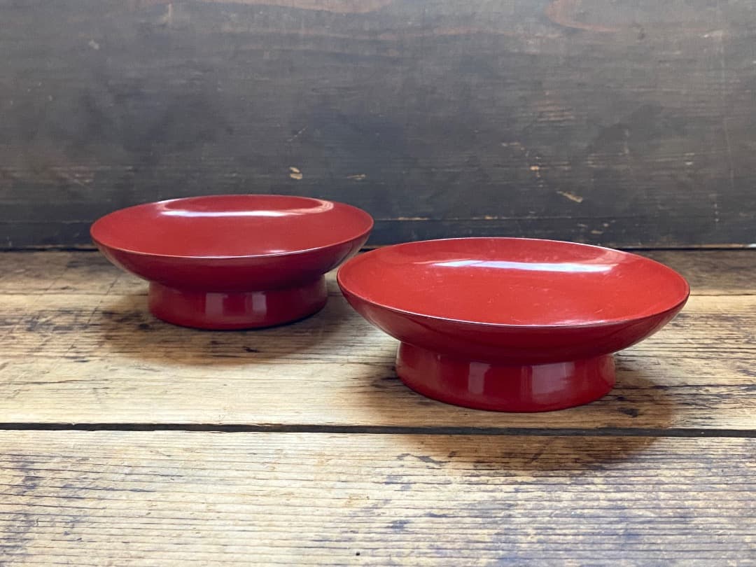 能登蔵出し 輪島塗 朱漆 椿皿 2客セット/ 時代 朱塗 漆器皿 銘々皿 小皿