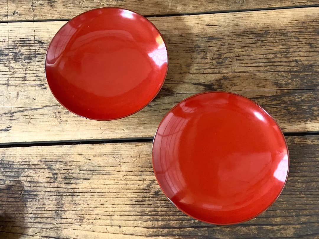 能登蔵出し 輪島塗 朱漆 椿皿 2客セット/ 時代 朱塗 漆器皿 銘々皿 小皿