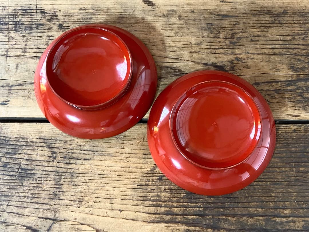 能登蔵出し 輪島塗 朱漆 椿皿 2客セット/ 時代 朱塗 漆器皿 銘々皿 小皿