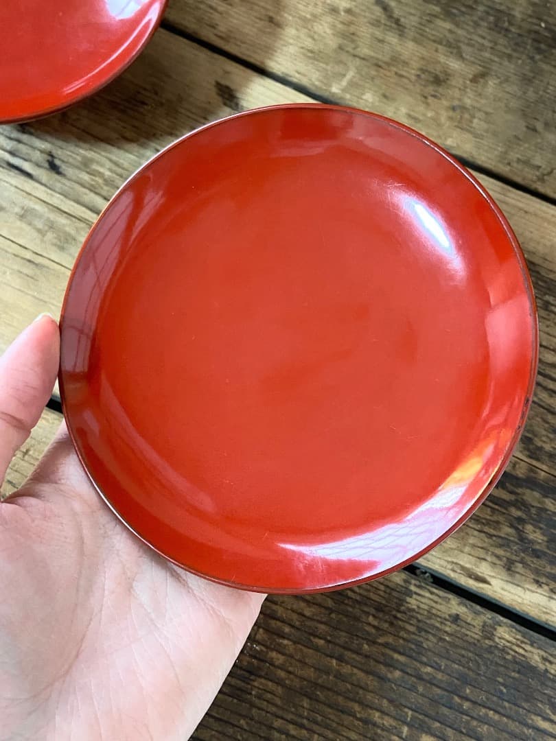 能登蔵出し 輪島塗 朱漆 椿皿 2客セット/ 時代 朱塗 漆器皿 銘々皿 小皿