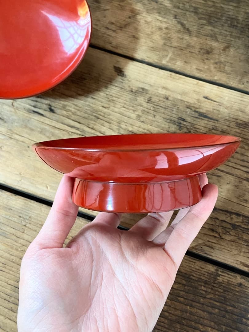 能登蔵出し 輪島塗 朱漆 椿皿 2客セット/ 時代 朱塗 漆器皿 銘々皿 小皿