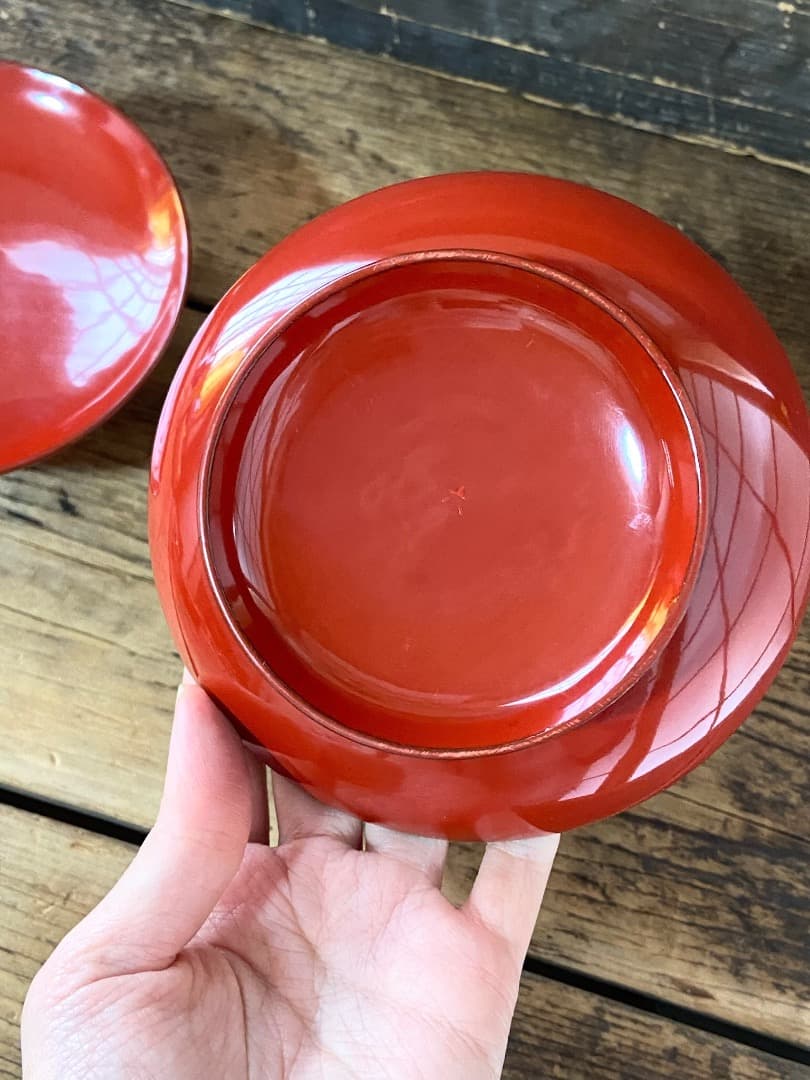 能登蔵出し 輪島塗 朱漆 椿皿 2客セット/ 時代 朱塗 漆器皿 銘々皿 小皿