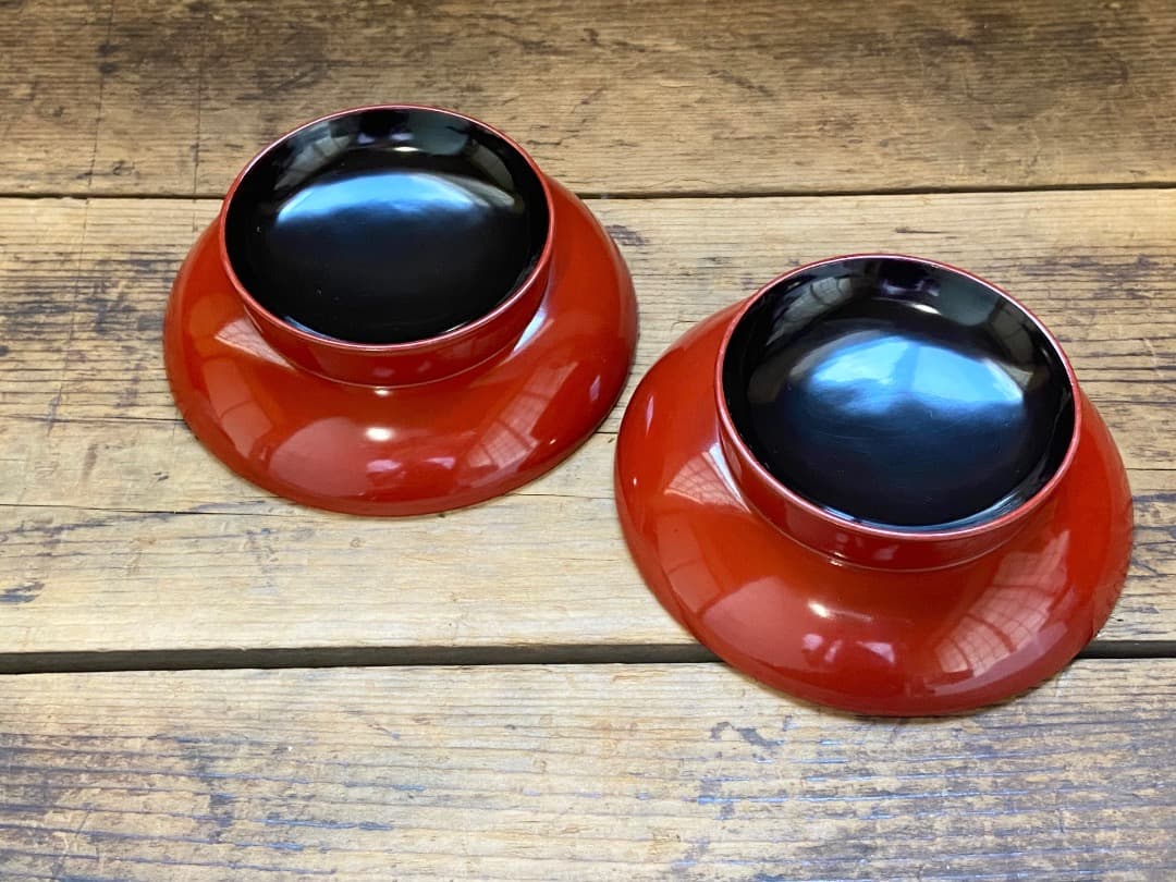 能登蔵出し 輪島塗 朱漆 椿皿 2客セット/ 時代 朱塗 漆器皿 銘々皿 小皿