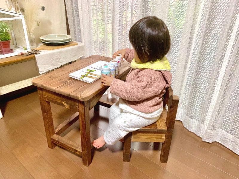 ハンドメイド キッズチェア&キッズデスク（チーク色×ホワイト）