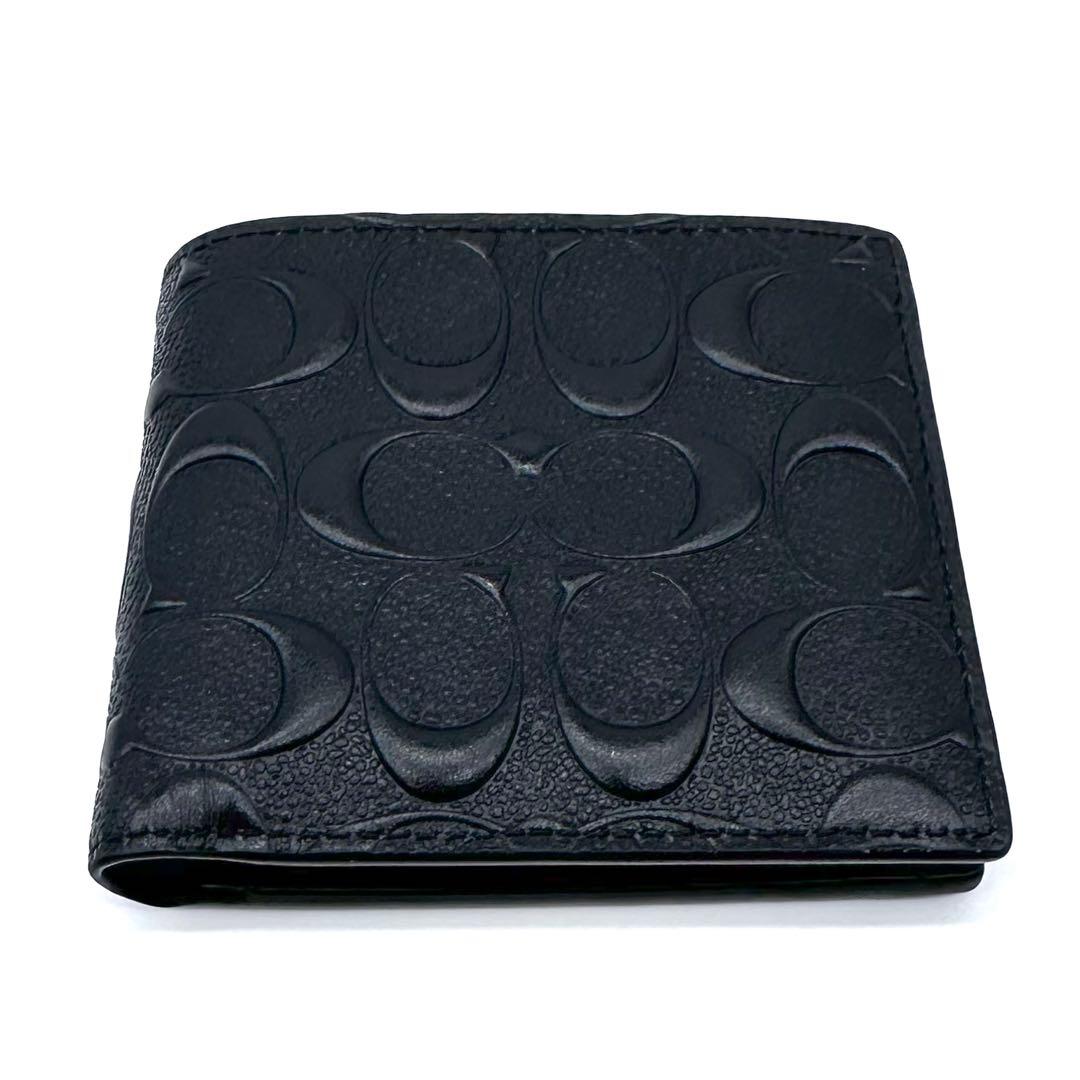極美品✨COACH コーチ ２つ折り財布 シグネチャー エンボス 本革 ブラック