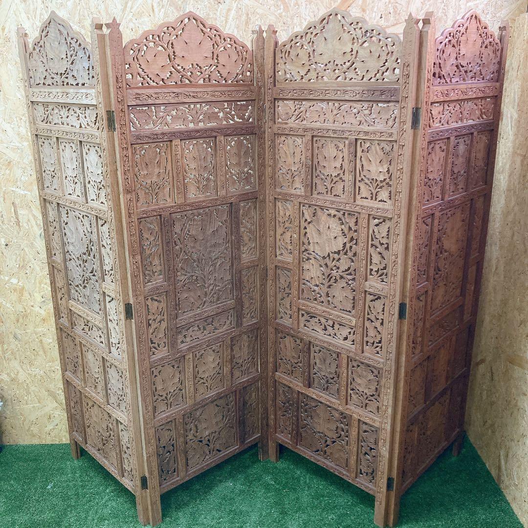 木製　透かし彫り　4連　パーテーション　アジアン家具　ビンテージ