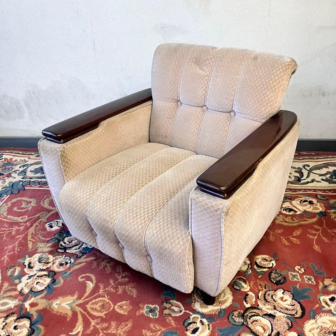 ① 昭和レトロ 馬場家具 木製フレーム アームチェア 1人掛けベロアソファー