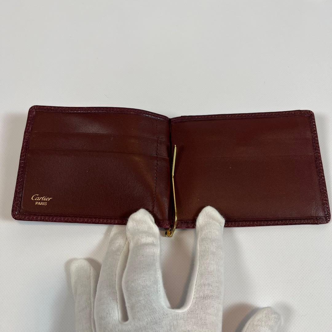 Cartier マネークリップ　二つ折り財布　小銭入れ付き　レザー　ボルドー