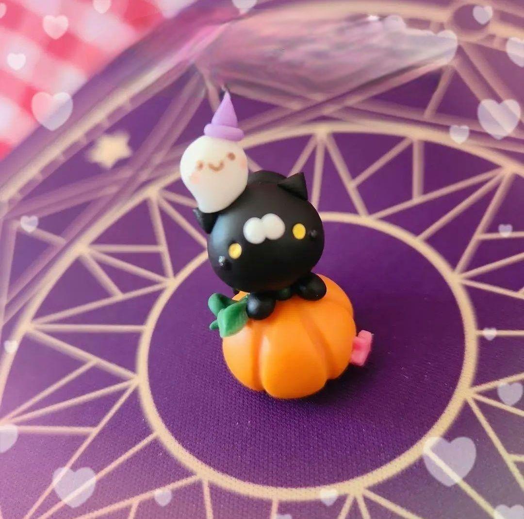 ハロウィン☆カボチャにちょこん黒猫&ちびオバケ